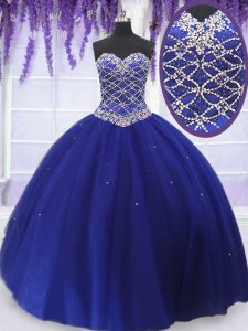 Royal Blue Sleeveless Floor Length Beading Lace Up Sweet 16 Dresses