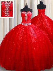 Amazing Red Ball Gowns Tulle Sweetheart Sleeveless Beading Lace Up Quince Ball Gowns
