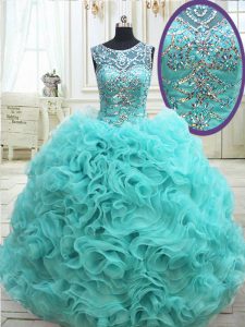 See Through Scoop Sleeveless 15th Birthday Dress Floor Length Beading Aqua Blue Fabric With Rolling Flowers