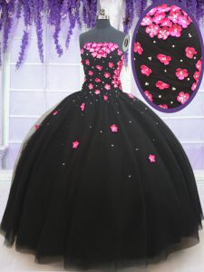 Fabulous Black Tulle Lace Up Ball Gown Prom Dress Sleeveless Floor Length Beading and Appliques