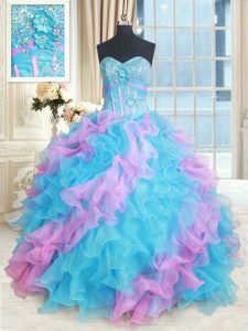 Traditional Multi-color Lace Up Sweetheart Beading and Appliques and Ruffles 15 Quinceanera Dress Organza Sleeveless