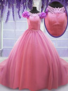 Perfect Scoop Cap Sleeves Tulle Court Train Lace Up Sweet 16 Dresses in Rose Pink with Beading and Hand Made Flower