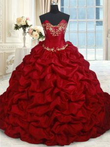 Inexpensive Floor Length Lace Up Sweet 16 Quinceanera Dress Wine Red for Military Ball and Sweet 16 and Quinceanera with Beading and Pick Ups