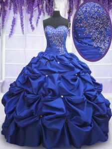 Sleeveless Floor Length Beading and Pick Ups Lace Up Sweet 16 Quinceanera Dress with Royal Blue
