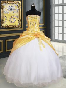 Modest Beading and Pick Ups and Hand Made Flower Ball Gown Prom Dress Yellow And White Lace Up Sleeveless Floor Length