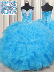 Baby Blue Quince Ball Gowns Military Ball and Sweet 16 and Quinceanera with Beading and Ruffled Layers Sweetheart Sleeveless Lace Up