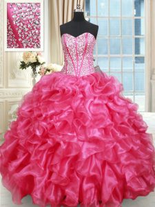 Hot Pink Sleeveless Floor Length Beading and Ruffled Layers Lace Up Sweet 16 Quinceanera Dress