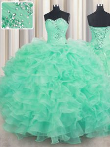 Vintage Turquoise Organza Lace Up Sweetheart Sleeveless Floor Length Quinceanera Dresses Beading and Ruffles