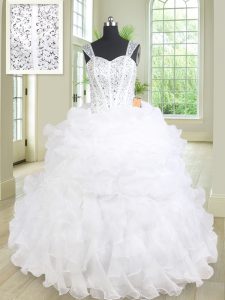 Luxury Straps Sleeveless Organza Quince Ball Gowns Beading and Ruffles Lace Up