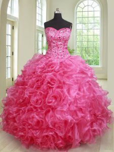 Fine Sweetheart Sleeveless Lace Up Quinceanera Dresses Hot Pink Organza