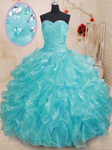 Fitting Organza Sweetheart Sleeveless Lace Up Beading and Ruffles Quinceanera Gown in Aqua Blue