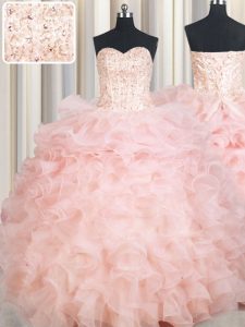 Baby Pink Sweet 16 Dresses Military Ball and Sweet 16 and Quinceanera with Beading and Ruffles Sweetheart Sleeveless Lace Up