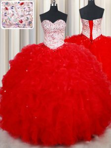 Cheap Floor Length Lace Up Sweet 16 Dresses Red for Military Ball and Sweet 16 and Quinceanera with Beading and Ruffles