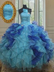 Glittering Blue Lace Up Strapless Beading and Ruffles Quinceanera Dress Organza Sleeveless