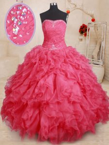 Sweetheart Sleeveless Lace Up Vestidos de Quinceanera Coral Red Organza