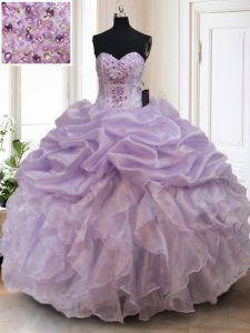 Pretty Floor Length Lace Up Ball Gown Prom Dress Lavender for Military Ball and Sweet 16 and Quinceanera with Beading and Ruffles