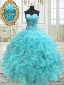 Sophisticated Floor Length Lace Up Quince Ball Gowns Aqua Blue for Military Ball and Sweet 16 and Quinceanera with Beading and Ruffles