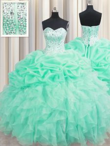 Apple Green Ball Gowns Organza Sweetheart Sleeveless Beading and Ruffles and Pick Ups Floor Length Lace Up Sweet 16 Dresses