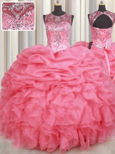 Pick Ups Scoop Sleeveless Lace Up Quinceanera Dresses Watermelon Red Organza
