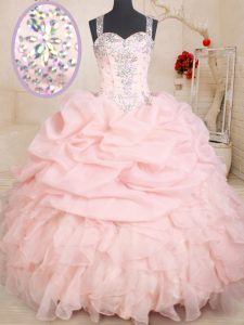 Artistic Pick Ups Ball Gowns Sweet 16 Quinceanera Dress Baby Pink Straps Organza Sleeveless Floor Length Zipper