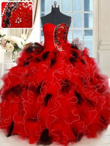 Beading and Ruffles and Sequins Quinceanera Dresses Black and Red Lace Up Sleeveless Floor Length