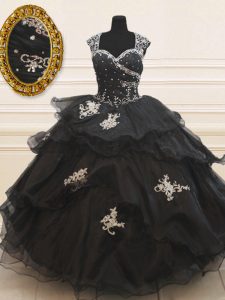 Organza Cap Sleeves Floor Length Sweet 16 Quinceanera Dress and Beading and Appliques and Ruffles