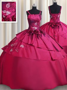 Delicate Straps Floor Length Lace Up Quinceanera Gown Burgundy for Military Ball and Sweet 16 and Quinceanera with Embroidery and Hand Made Flower