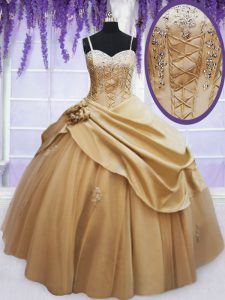 Glorious Champagne Taffeta Lace Up Quinceanera Gown Sleeveless Floor Length Beading and Appliques and Hand Made Flower