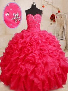 Fantastic Floor Length Lace Up 15 Quinceanera Dress Coral Red for Military Ball and Sweet 16 and Quinceanera with Beading and Ruffles
