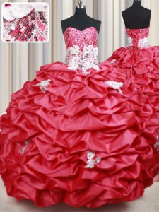 Taffeta Sweetheart Sleeveless Brush Train Lace Up Beading and Appliques and Sequins and Pick Ups Sweet 16 Dresses in Coral Red