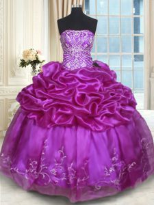 Sleeveless Floor Length Beading and Embroidery and Pick Ups Lace Up Quinceanera Gown with Eggplant Purple