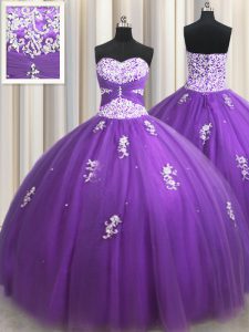 Exceptional Eggplant Purple Ball Gowns Beading and Appliques 15th Birthday Dress Zipper Tulle Sleeveless Floor Length