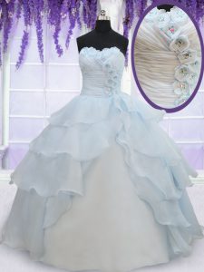 Fancy Light Blue Sleeveless Floor Length Appliques and Ruffled Layers Lace Up Sweet 16 Quinceanera Dress