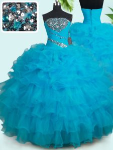 Floor Length Baby Blue Sweet 16 Dresses Organza Sleeveless Beading