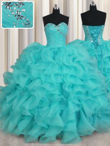 Captivating Aqua Blue Sleeveless Organza Lace Up 15th Birthday Dress for Military Ball and Sweet 16 and Quinceanera