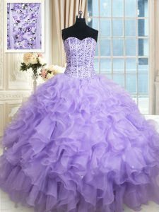 Lavender Ball Gowns Organza Sweetheart Sleeveless Beading and Ruffles Floor Length Lace Up Quinceanera Dresses