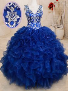 Beauteous Royal Blue Organza Backless V-neck Sleeveless Floor Length 15 Quinceanera Dress Beading and Embroidery and Ruffles
