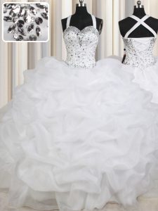 Sweet Straps White Ball Gowns Beading and Pick Ups 15th Birthday Dress Lace Up Organza Sleeveless Floor Length