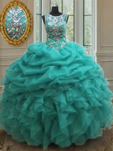 Scoop Pick Ups See Through Turquoise Sleeveless Organza Lace Up Quinceanera Gowns for Military Ball and Sweet 16 and Quinceanera