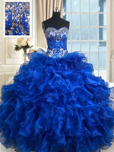 Perfect Royal Blue Ball Gowns Sweetheart Sleeveless Organza Floor Length Lace Up Beading and Ruffles and Ruffled Layers Quinceanera Gowns