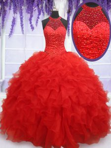 Red Halter Top Lace Up Beading and Ruffles Sweet 16 Dresses Sleeveless