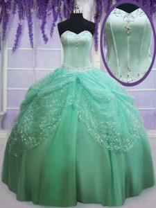 Superior Apple Green Tulle Lace Up Quinceanera Gown Sleeveless Floor Length Beading and Sequins