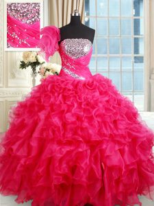 Hot Pink Sleeveless Floor Length Sequins Lace Up Sweet 16 Dress