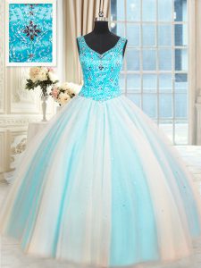 Adorable White and Blue Lace Up Beading 15 Quinceanera Dress Sleeveless