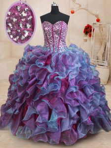 Perfect Multi-color Organza Lace Up Sweetheart Sleeveless Floor Length Sweet 16 Dresses Ruffles and Sequins