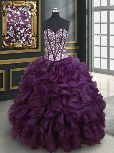 Dark Purple Ball Gowns Beading and Ruffles Sweet 16 Quinceanera Dress Lace Up Organza Sleeveless Floor Length