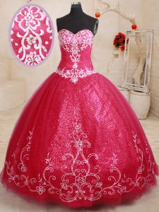 Coral Red Tulle Lace Up Quinceanera Dress Sleeveless Floor Length Beading and Appliques and Embroidery