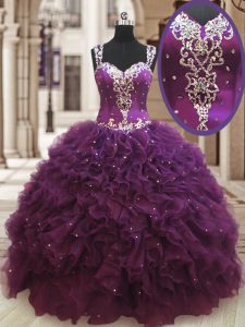 Fashionable Straps Floor Length Ball Gowns Sleeveless Dark Purple Quinceanera Dresses Zipper