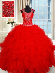 Fashionable Red Ball Gowns Sweetheart Cap Sleeves Organza Floor Length Backless Beading and Ruffles Vestidos de Quinceanera