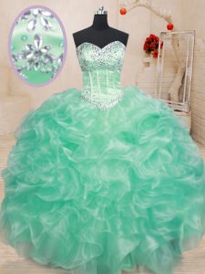 High Quality Sweetheart Sleeveless Sweet 16 Dress Floor Length Beading and Ruffles Apple Green Organza